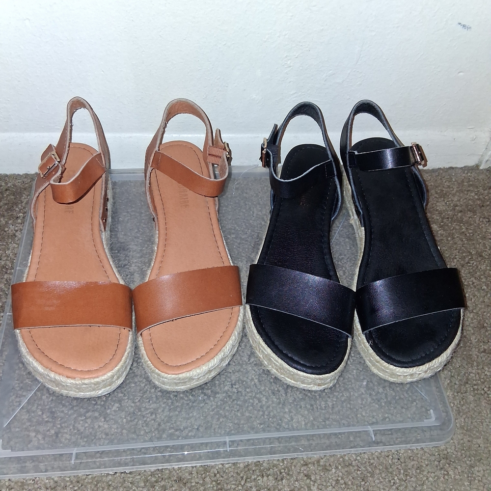 Elegant Women's Wedge Sandals - Black and Tan - 2 Pairs For The Price Of One